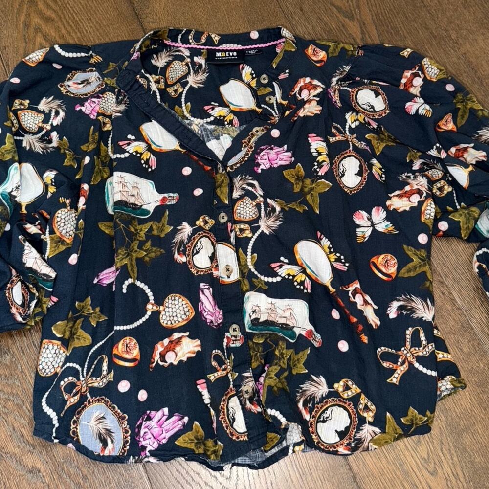 Maeve Anthropologie Floral Navy Blue Blouse Shirt Sz XS - Picture 4 of 6